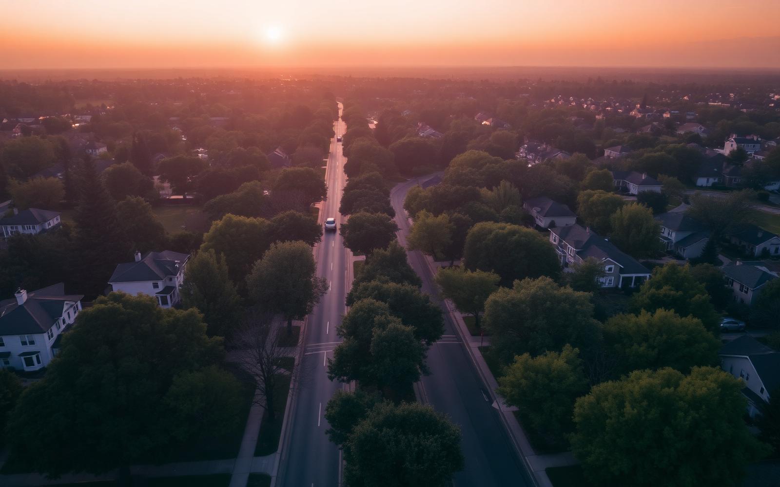 Aerial view of an American neighborhood at dusk